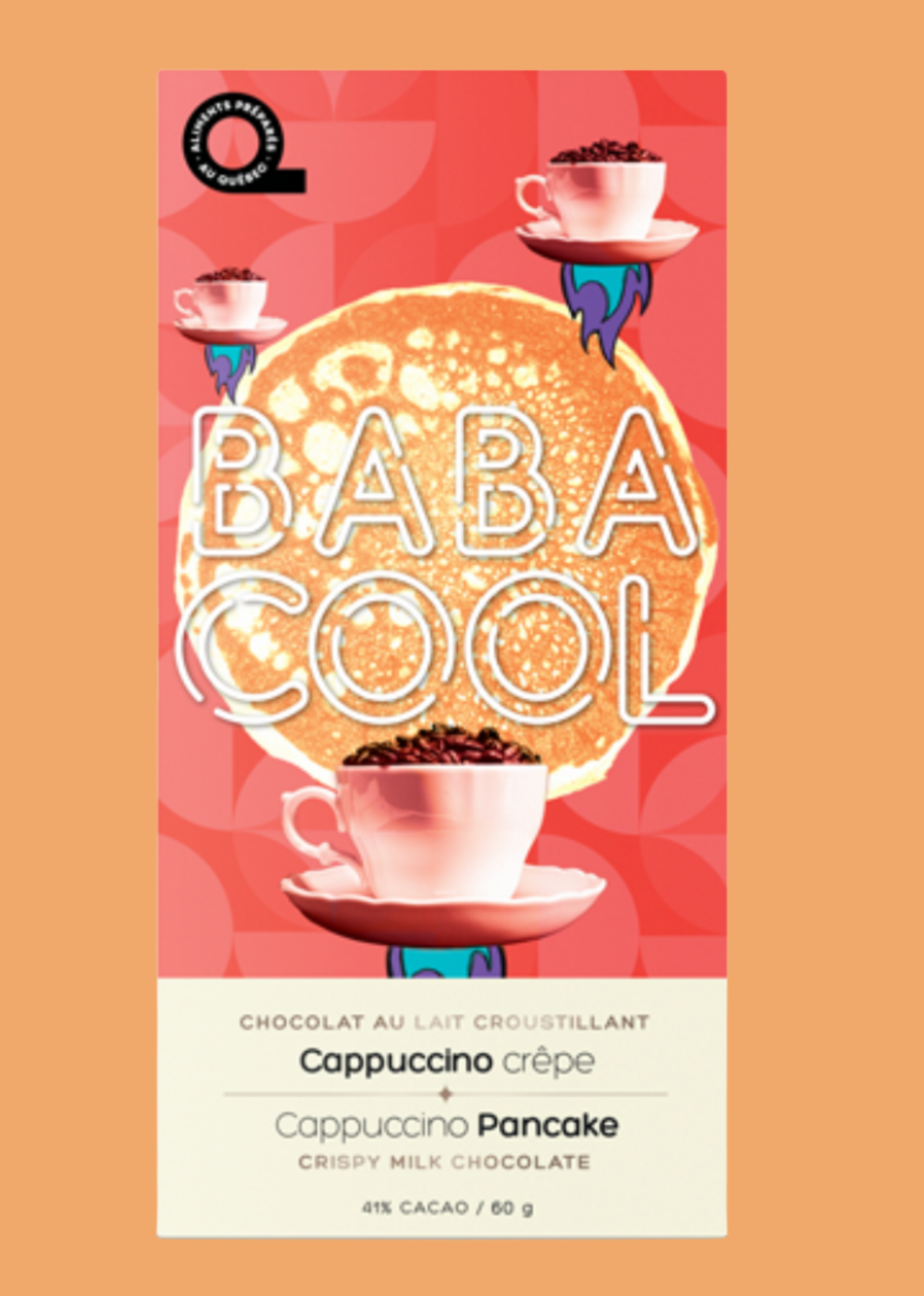 Tablette de chocolat BabaCool à saveur de cappuccino crêpe sur fond orangé.