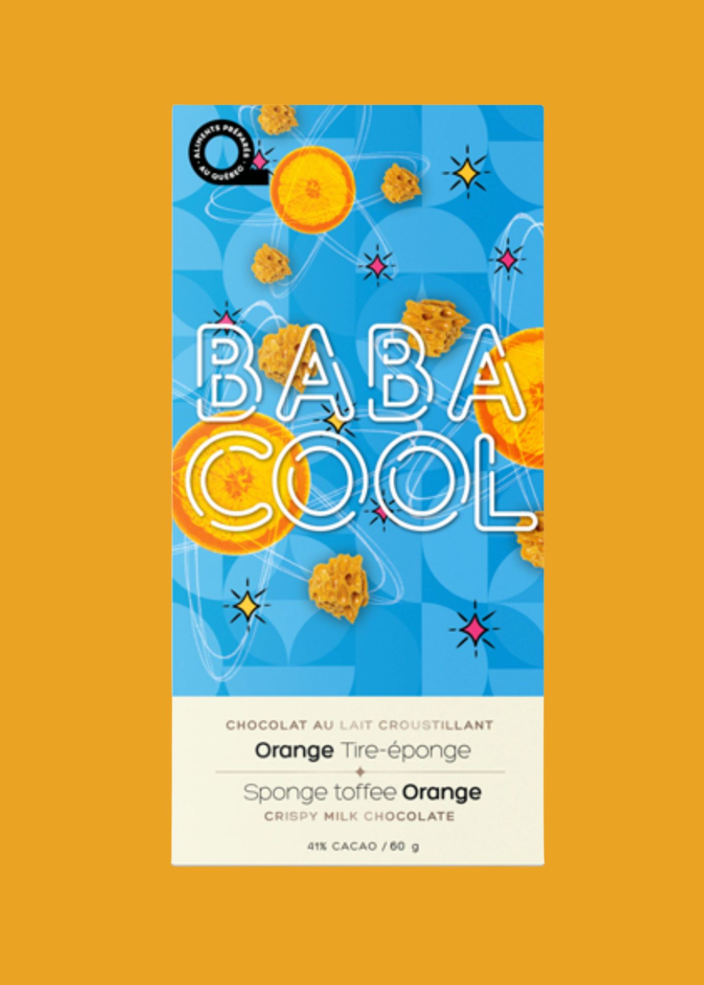 Tablette de chocolat BabaCool à saveur d'orange tire-éponge sur fond orangé.