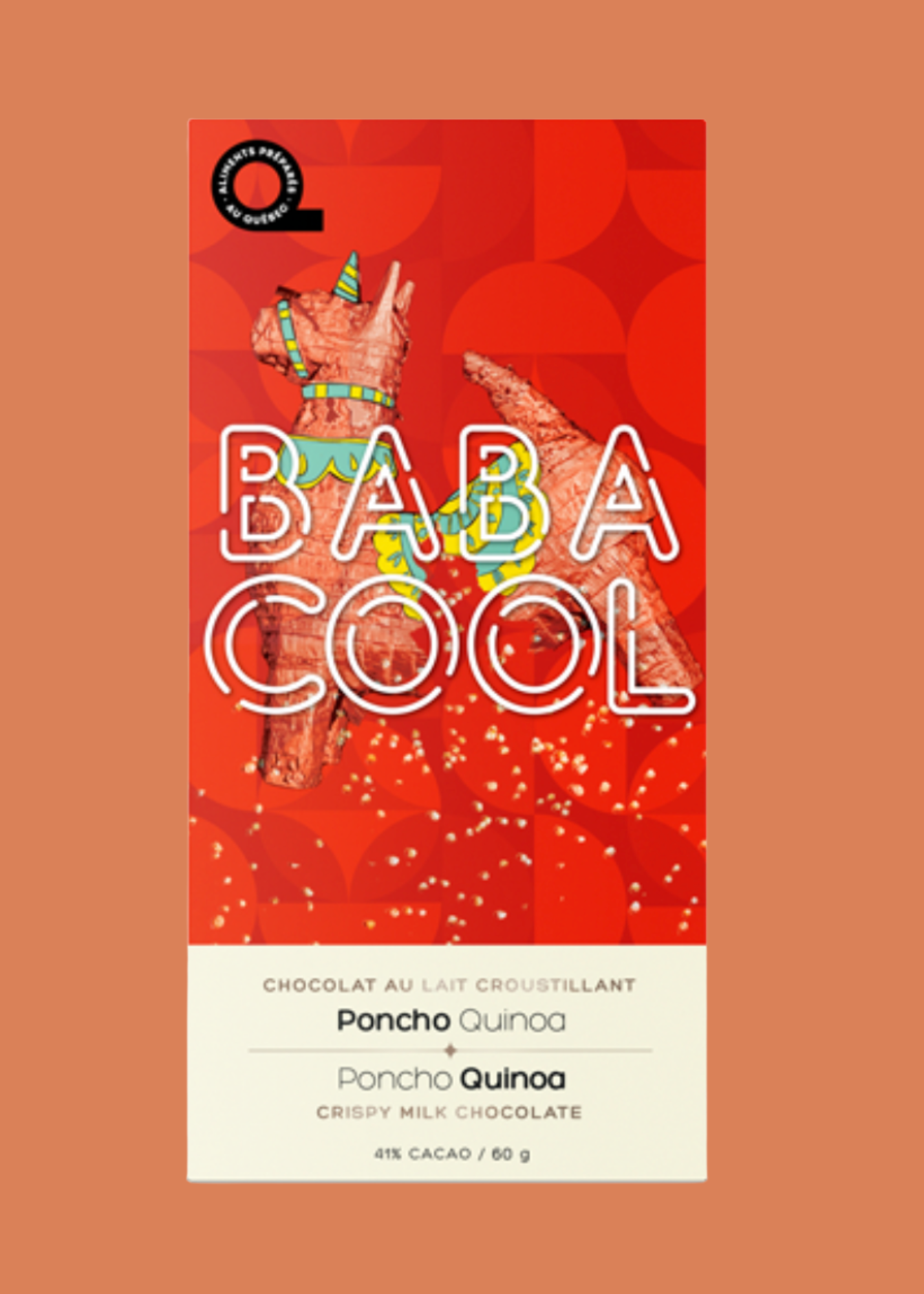 Tablette de chocolat BabaCool à saveur quinoa épicé sur fond orangé.