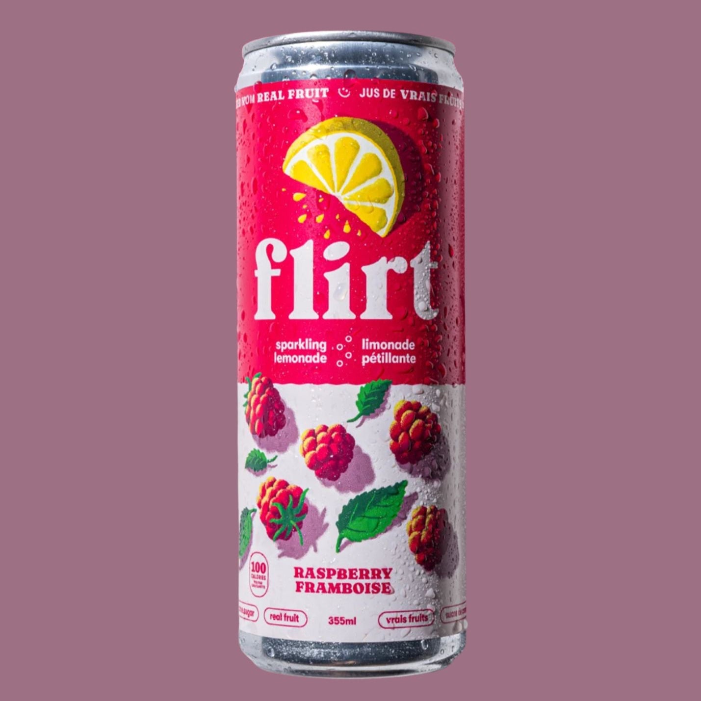 Canette de limonade pétillante Flirt, saveur framboise. Boisson rafraîchissante faite avec du vrai jus de fruits, sans sucre ajouté. Format 355 ml. Produit québécois idéal pour une hydratation fruitée et naturelle.