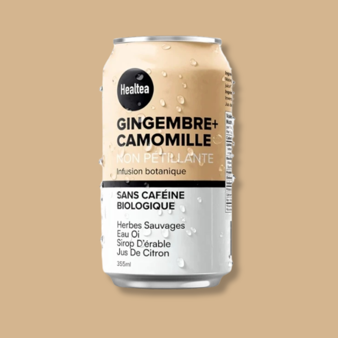 Canette de Healtea, infusion botanique non pétillante saveur gingembre et camomille. Boisson biologique, sans caféine, avec herbes sauvages, eau Oi, sirop d’érable et jus de citron. Format 355 ml, parfaite pour un moment de détente et de bien-être.