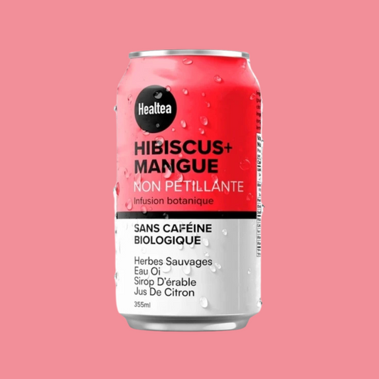 Canette de Healtea, infusion botanique non pétillante saveur hibiscus et mangue. Boisson biologique, sans caféine, avec herbes sauvages, eau Oi, sirop d’érable et jus de citron. Format 355 ml, idéale pour une hydratation naturelle et rafraîchissante.