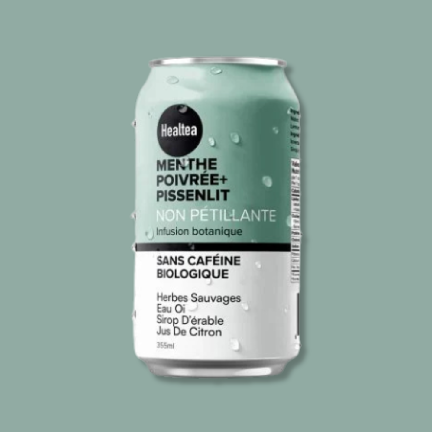 Canette de Healtea, infusion botanique non pétillante saveur menthe poivrée et pissenlit. Boisson biologique, sans caféine, avec herbes sauvages, eau Oi, sirop d’érable et jus de citron. Format 355 ml, parfaite pour une hydratation naturelle et apaisante.