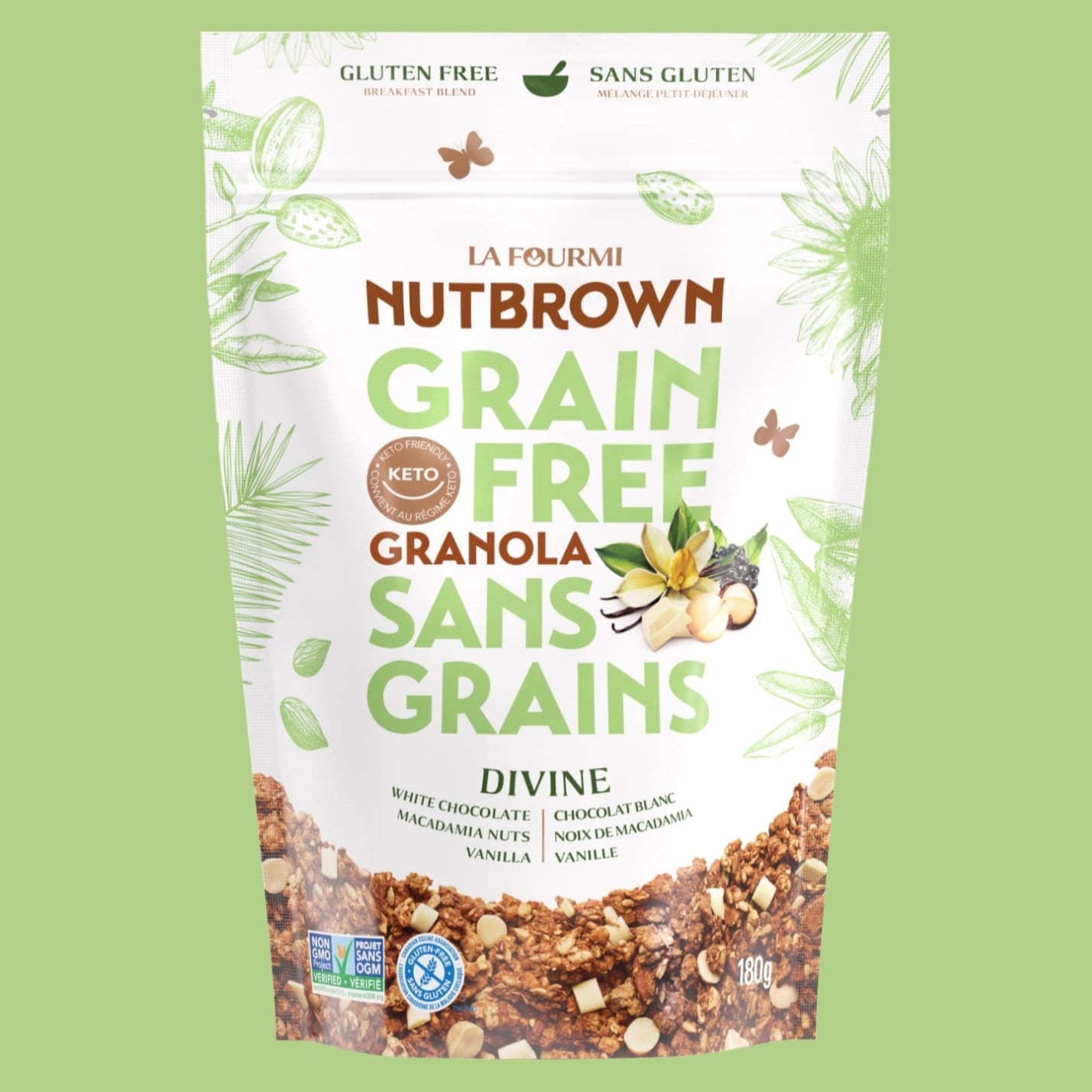 Emballage de granola sans grains Nutbrown de La Fourmi, saveur Divine (chocolat blanc, noix de macadamia, vanille). Sac refermable de 180 g, certifié sans gluten, keto et sans OGM. Produit québécois idéal pour un déjeuner gourmand ou une collation saine et croquante.