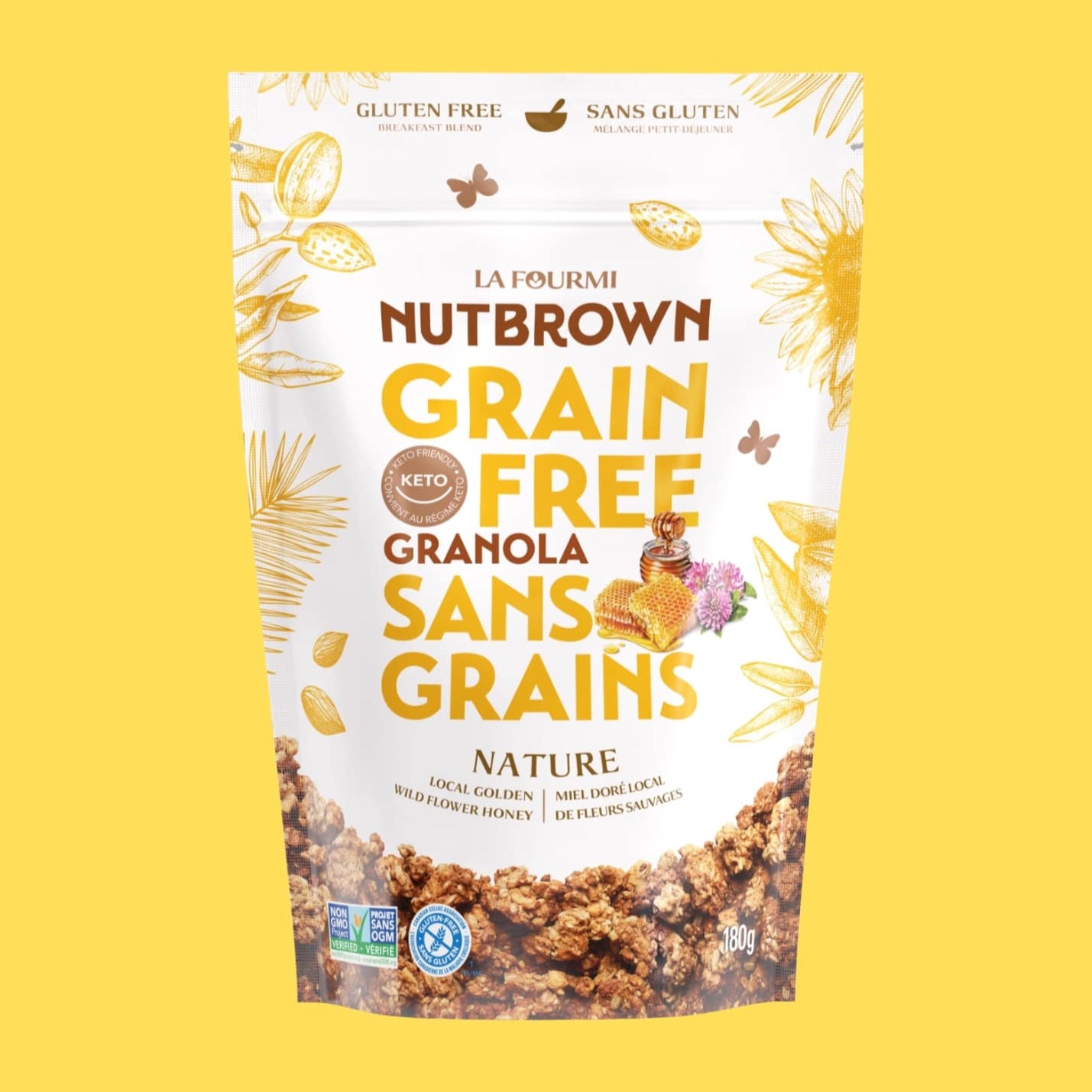 Emballage de granola sans grains Nutbrown de La Fourmi, saveur Nature au miel doré local de fleurs sauvages. Sac refermable de 180 g, certifié sans gluten, keto et sans OGM. Produit québécois parfait pour un déjeuner nutritif ou une collation croquante et naturelle.