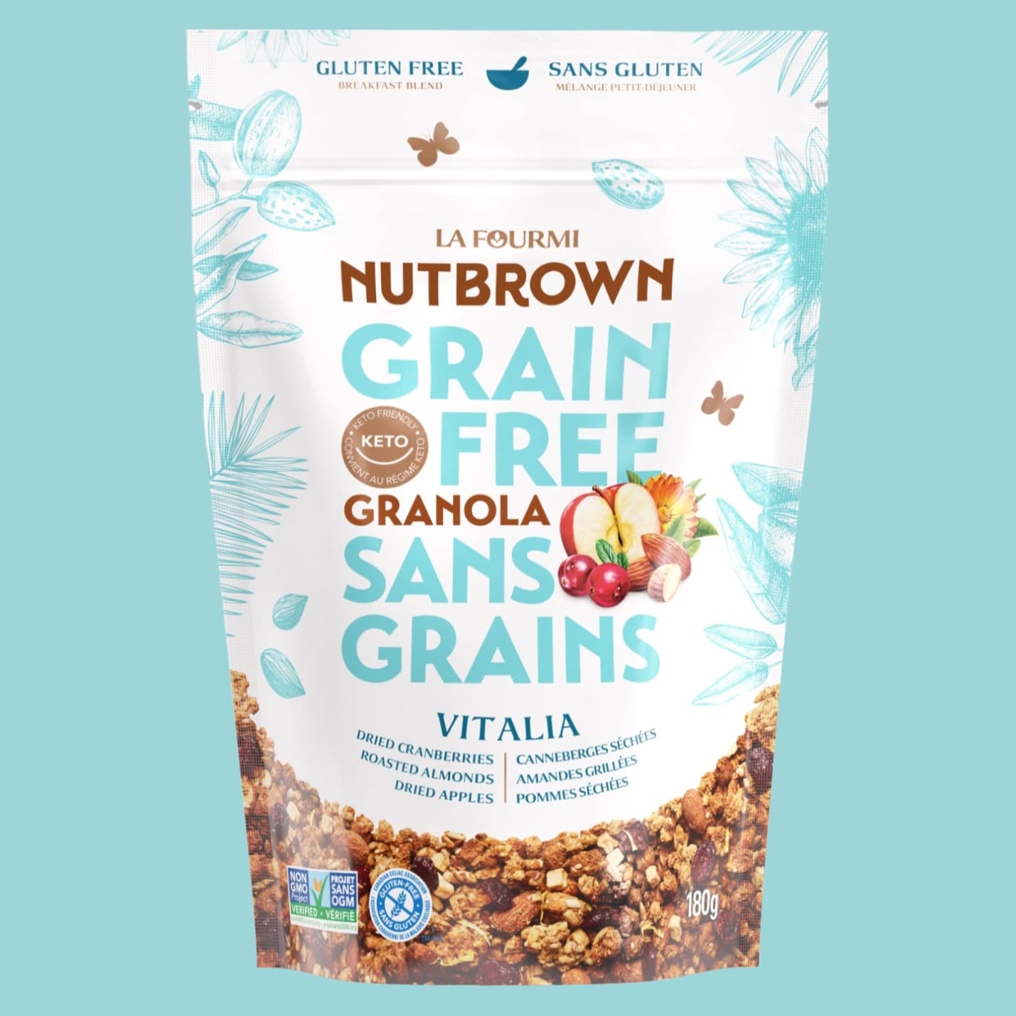 Emballage de granola sans grains Nutbrown de La Fourmi, saveur Vitalia (canneberges séchées, amandes grillées, pommes séchées). Sac refermable de 180 g, certifié sans gluten, keto et sans OGM. Produit québécois idéal pour un déjeuner nutritif ou une collation saine.