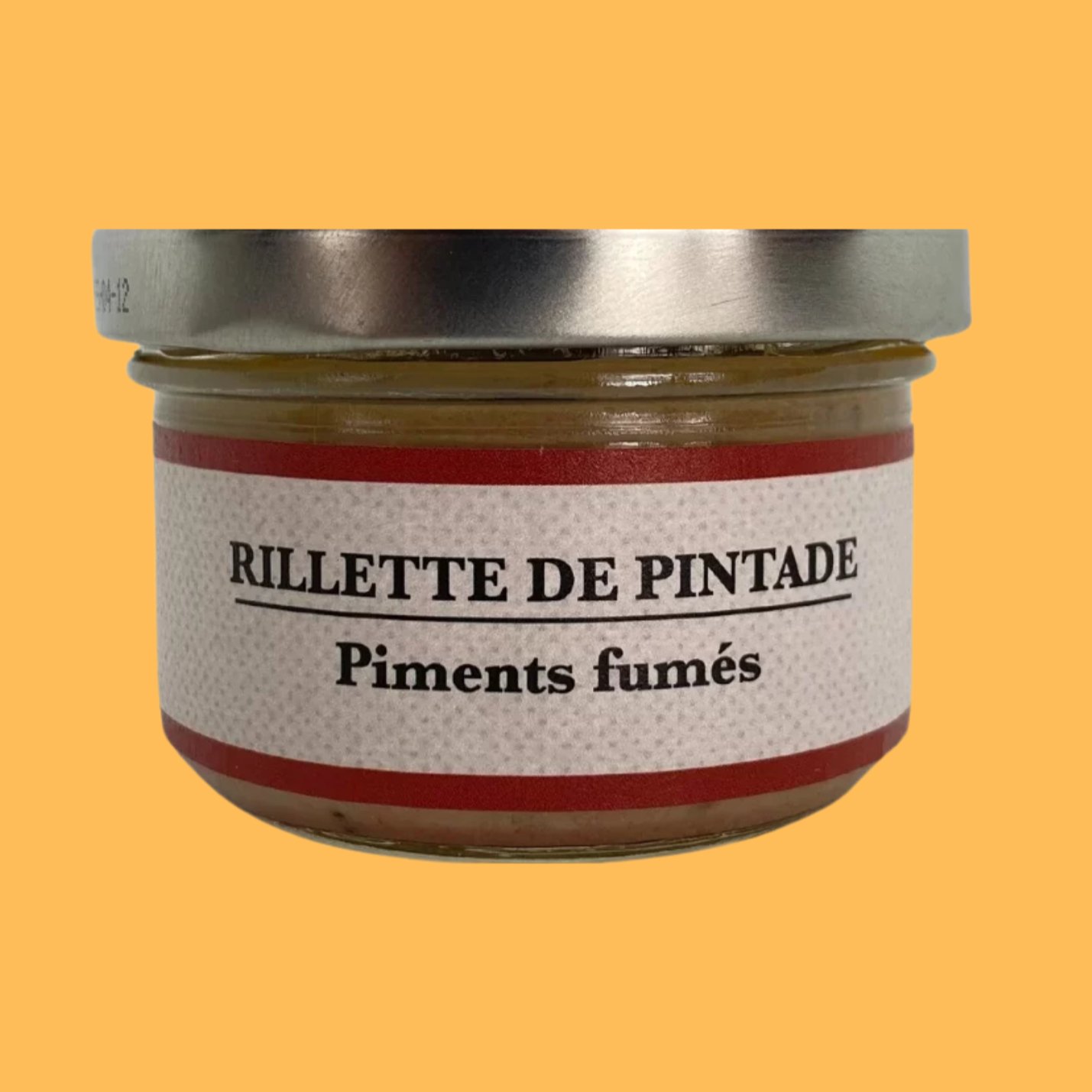 Pot de rillette de pintade à saveur de piments fumés.