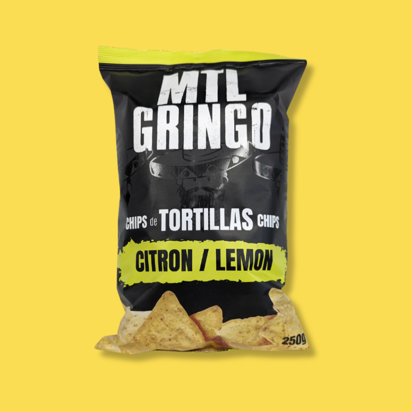 Sac de chips de tortillas saveur citron de la marque MTL Gringo. Emballage noir avec accents jaunes, mettant en avant une touche acidulée et rafraîchissante. Idéal pour accompagner des plats mexicains ou des trempettes.