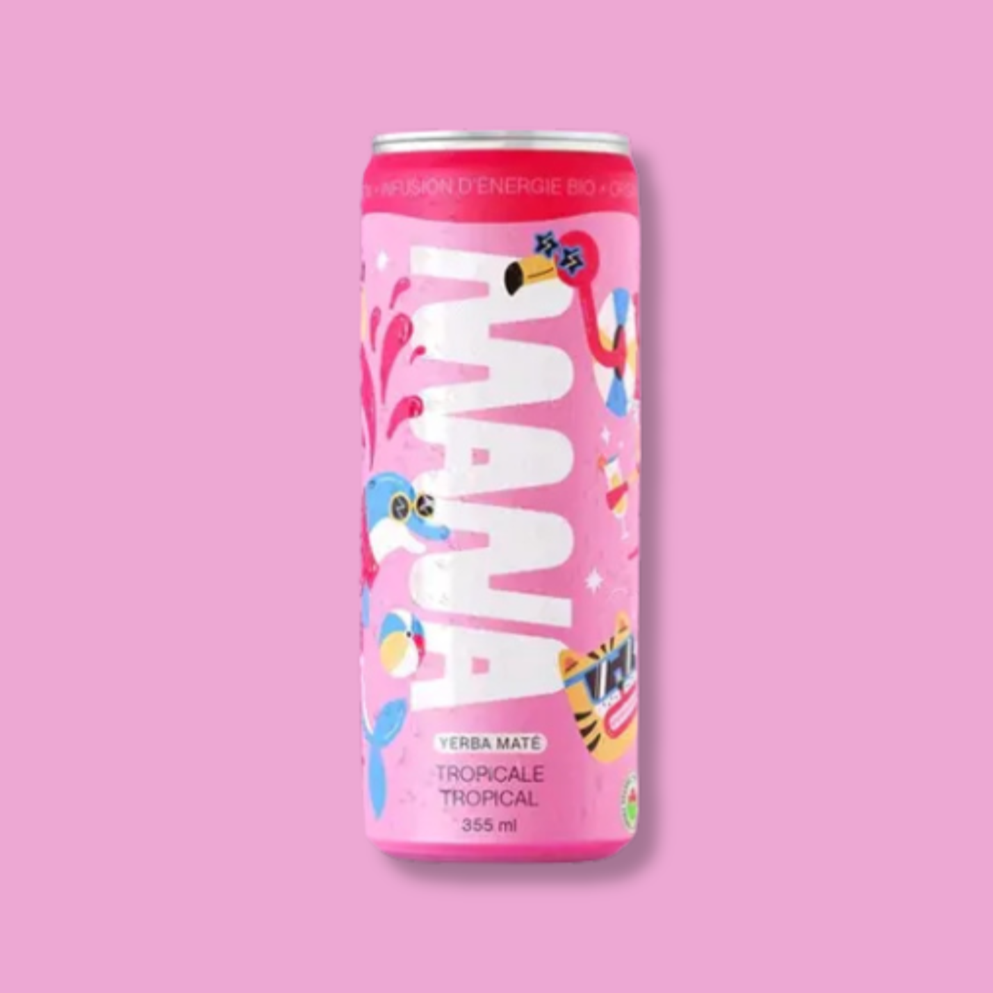 Canette de boisson énergisante biologique Mana Yerba Maté, saveur tropicale. Une infusion rafraîchissante aux saveurs exotiques pour un boost d'énergie naturel et fruité !