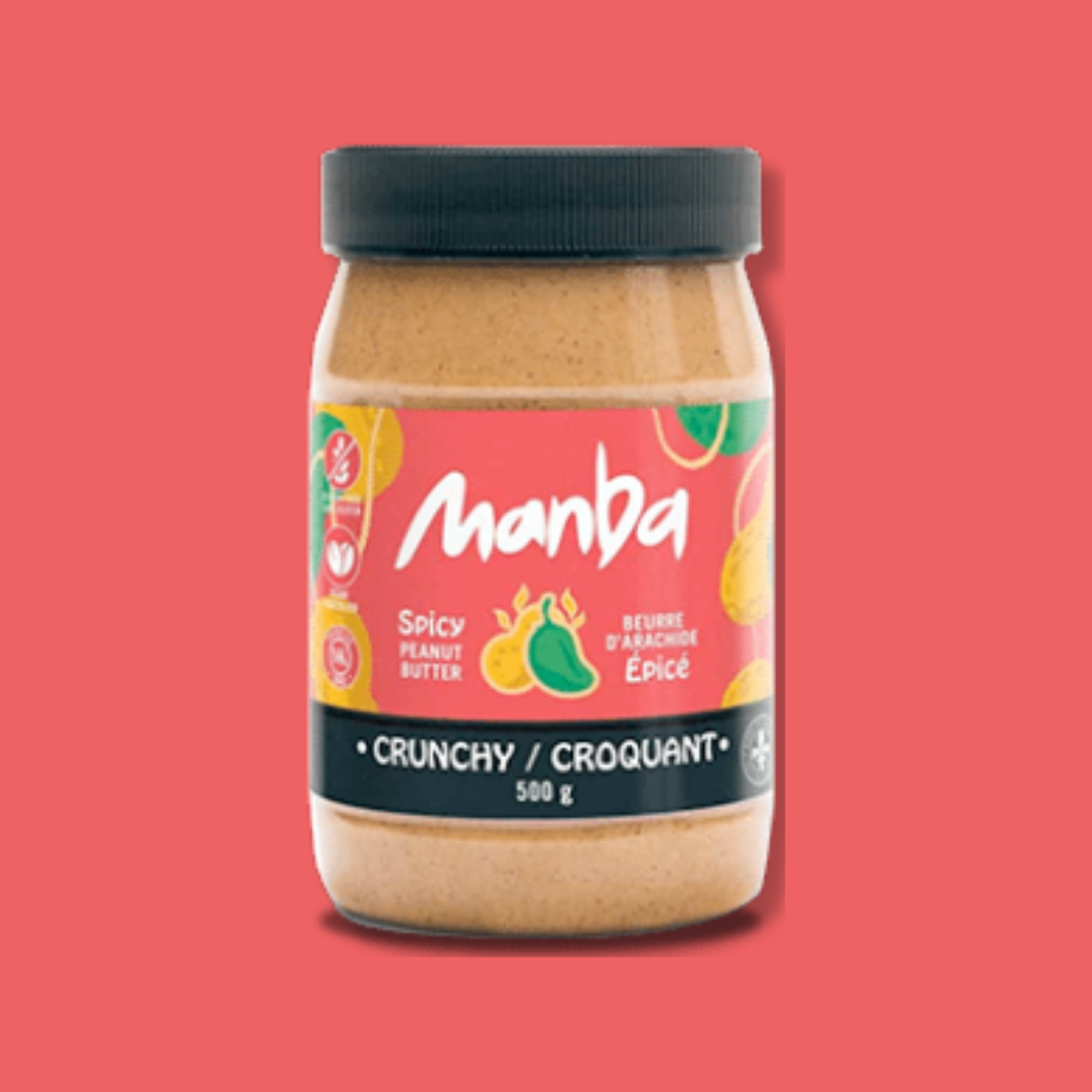Pot de beurre d’arachide épicé croquant de la marque Manba, format 500 g. Étiquette rouge avec illustrations de piments et d’arachides, couvercle noir. Produit québécois sans gluten, fabriqué avec des ingrédients naturels.