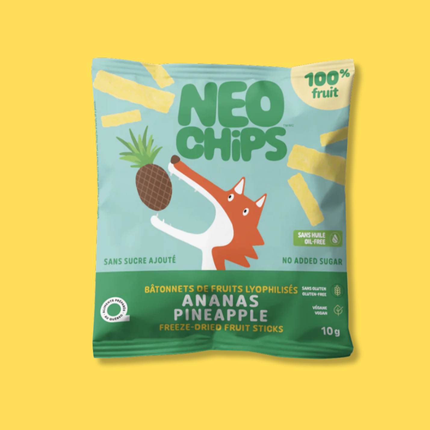 Emballage de Neo Chips, bâtonnets de fruits lyophilisés saveur ananas, format 10 g. Sachet bleu et vert avec illustration d’un renard et d’un ananas. Produit 100 % fruit, sans sucre ajouté, sans gluten, végan et sans huile. Collation santé fabriquée au Québec.