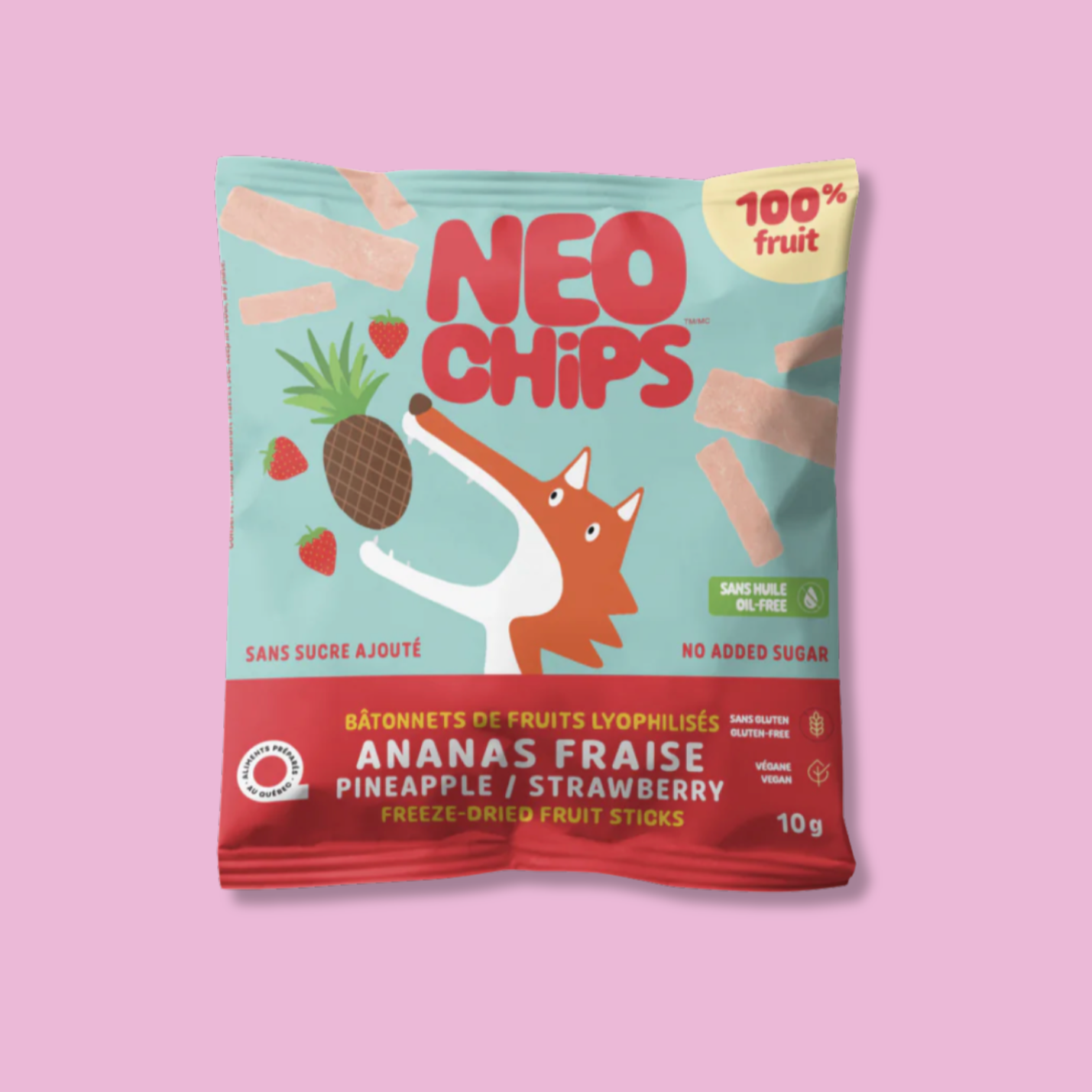 Emballage de Neo Chips, bâtonnets de fruits lyophilisés saveur ananas et fraise, format 10 g. Sachet bleu et rouge avec illustration d’un renard, d’un ananas et de fraises. Produit 100 % fruit, sans sucre ajouté, sans gluten, végan et sans huile. Collation santé fabriquée au Québec.