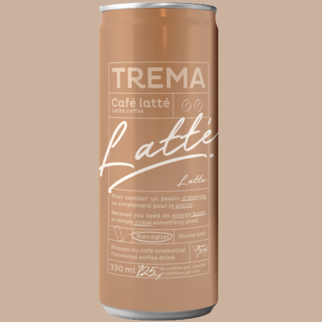 Cannette de Trema Café Latté sur fond beige.