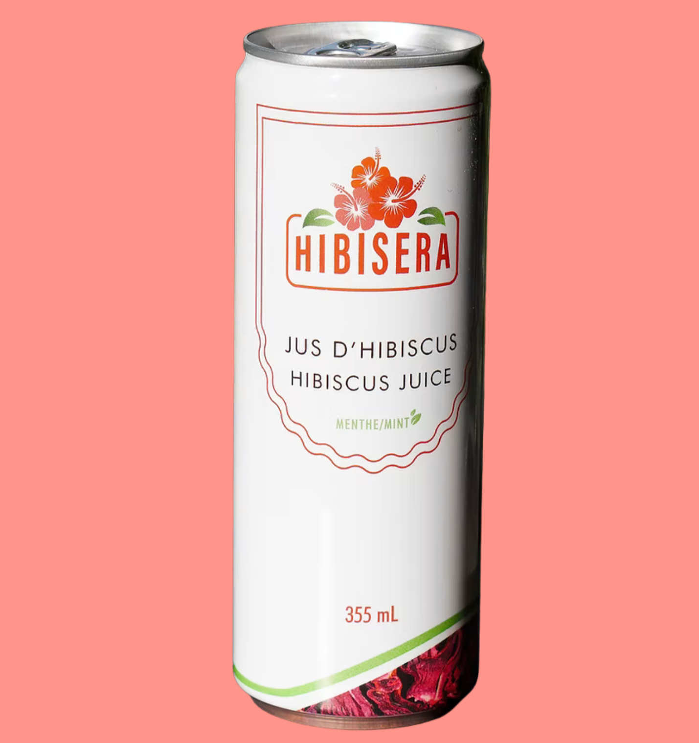 Jus d'hibiscus Hibisera à saveur de menthe sur fond rose.