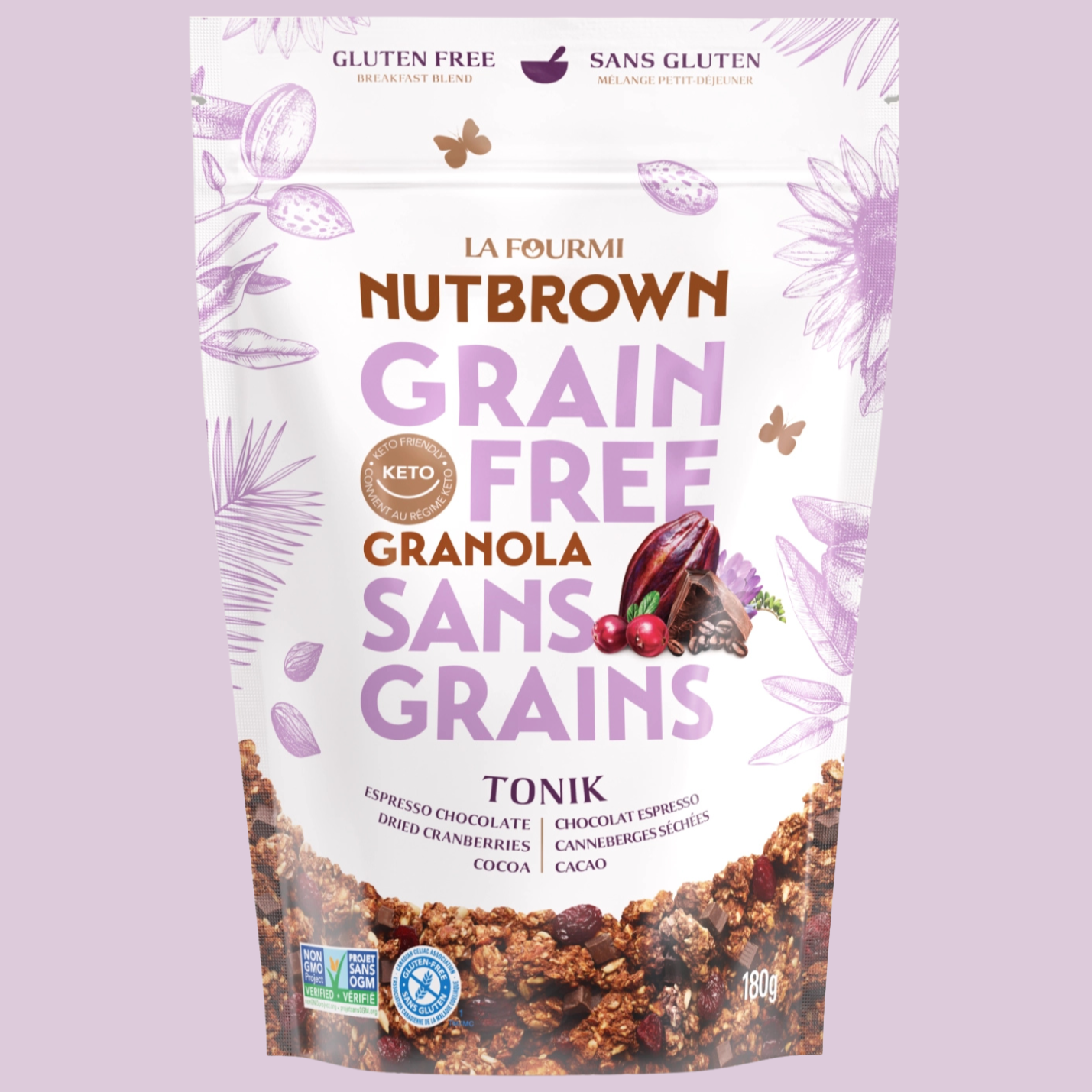Emballage de granola sans grains Nutbrown de La Fourmi, saveur Tonik (chocolat espresso, canneberges séchées, cacao). Sac refermable de 180 g, certifié sans gluten, keto et sans OGM. Produit québécois idéal pour le déjeuner ou les collations.