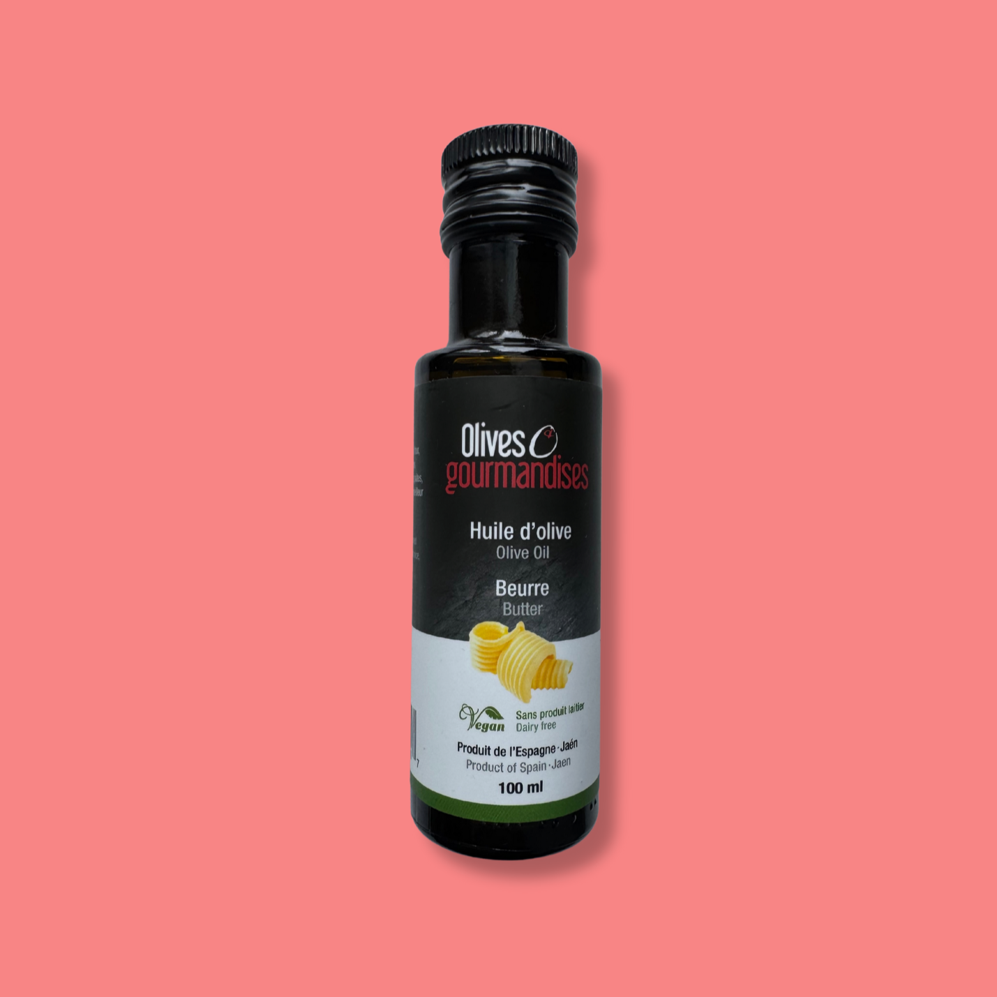 Bouteille de 100 ml d'huile d'olive aromatisée au beurre de la marque Olives et Gourmandises. Produit vegan et sans produits laitiers, originaire de Jaén, Espagne. Idéale pour ajouter une saveur beurrée aux plats sans utiliser de produits d'origine animale.