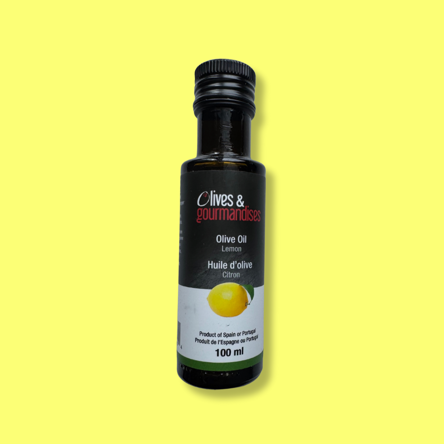 Bouteille de 100 ml d'huile d'olive au citron de la marque Olives et Gourmandises. Produit artisanal provenant d'Espagne ou du Portugal. Idéal pour rehausser poissons, salades et plats méditerranéens avec une touche d'agrume fraîche.
