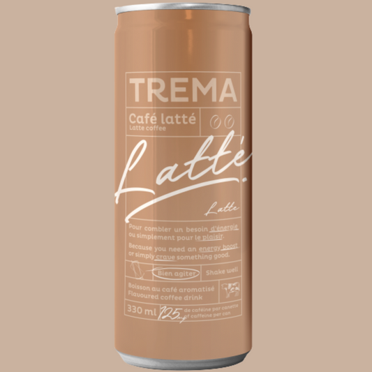 Cannette de Trema Café Latté sur fond beige.